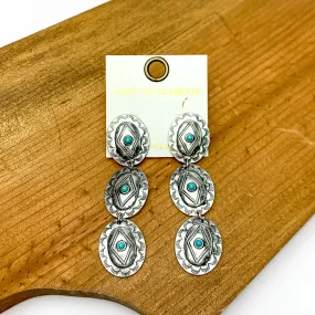 Three Tier Silver Tone and Turquoise Oval Dangle Earrings