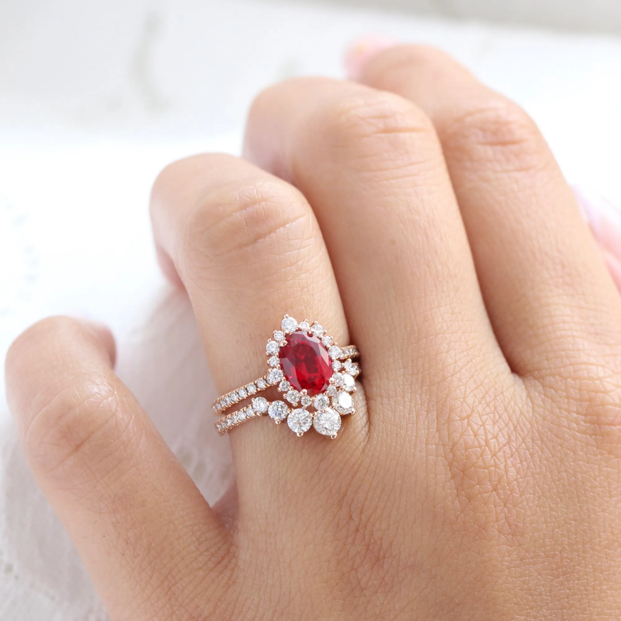 Tiara Halo Oval Ruby Bridal Ring Set w/ Large 7 Diamond U Shaped Pave Band