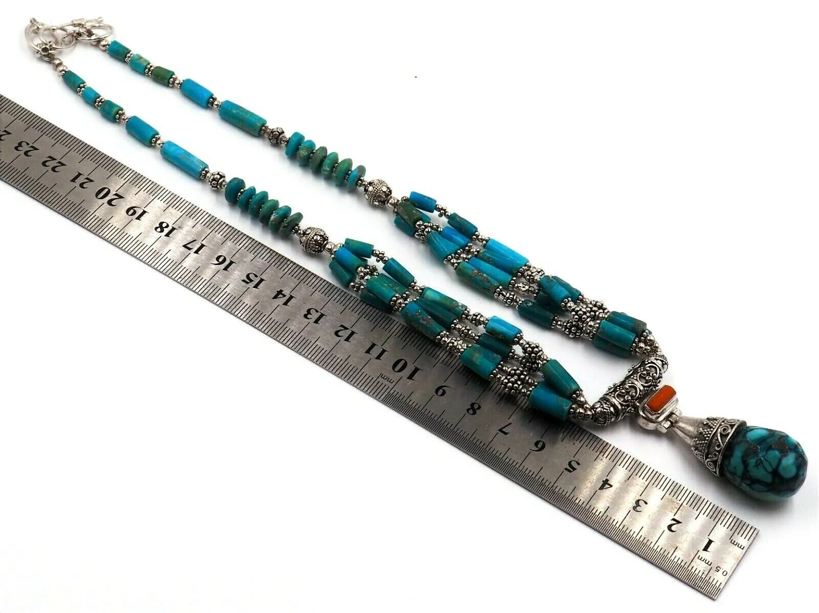 Turquoise & 925 Sterling Silver Necklace - Statement Jewellery - Length: 44cm-49cm