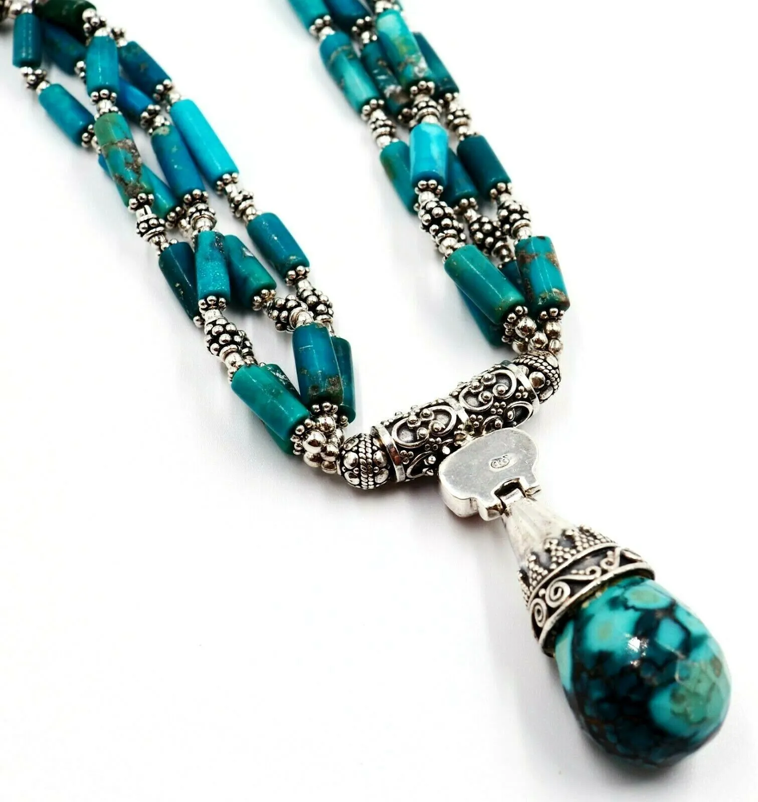 Turquoise & 925 Sterling Silver Necklace - Statement Jewellery - Length: 44cm-49cm