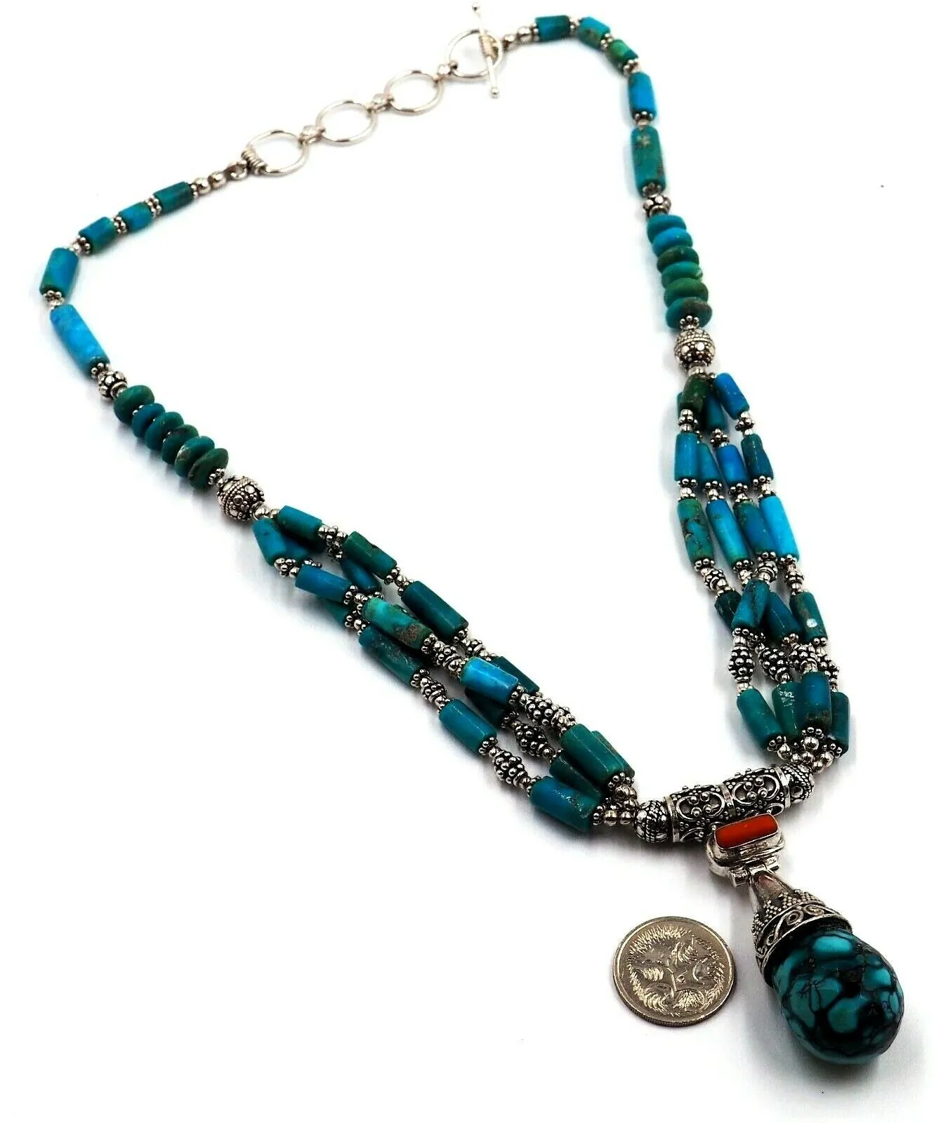 Turquoise & 925 Sterling Silver Necklace - Statement Jewellery - Length: 44cm-49cm