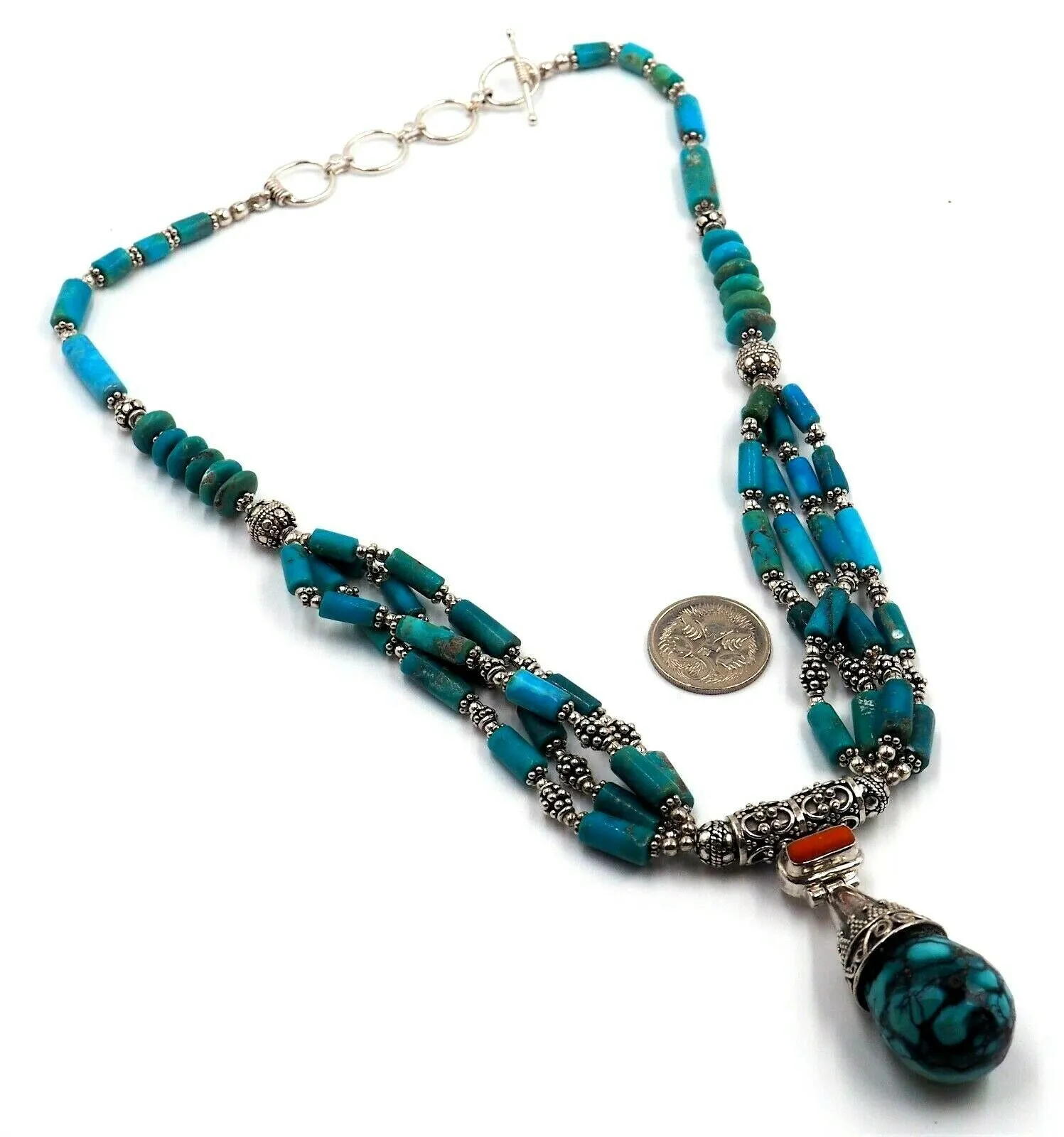 Turquoise & 925 Sterling Silver Necklace - Statement Jewellery - Length: 44cm-49cm