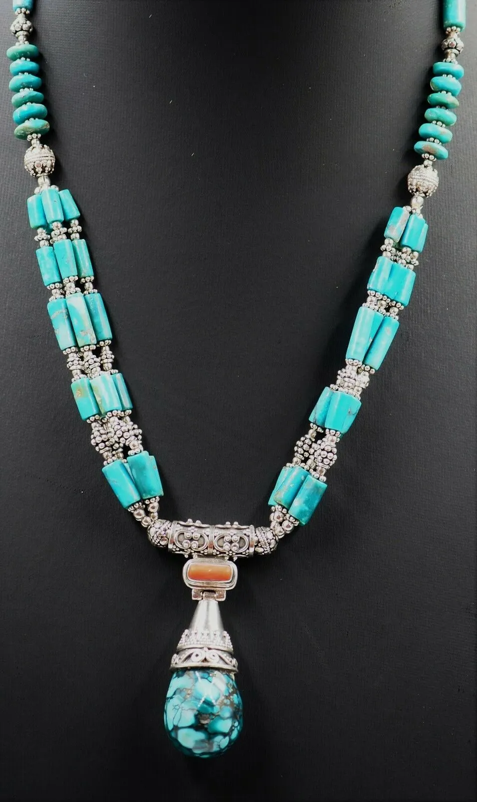 Turquoise & 925 Sterling Silver Necklace - Statement Jewellery - Length: 44cm-49cm