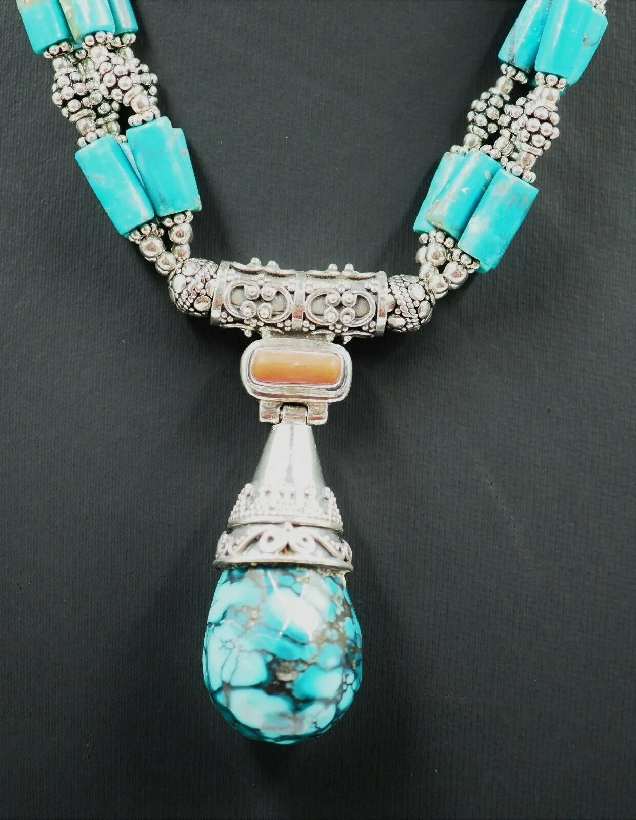 Turquoise & 925 Sterling Silver Necklace - Statement Jewellery - Length: 44cm-49cm