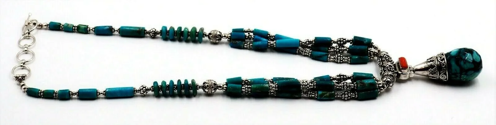 Turquoise & 925 Sterling Silver Necklace - Statement Jewellery - Length: 44cm-49cm