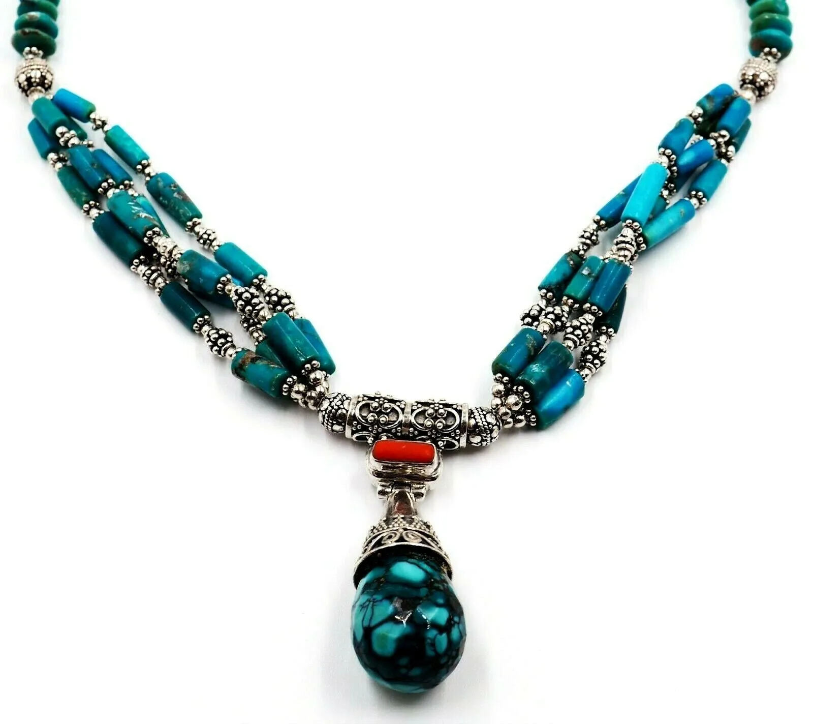 Turquoise & 925 Sterling Silver Necklace - Statement Jewellery - Length: 44cm-49cm