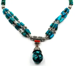 Turquoise & 925 Sterling Silver Necklace - Statement Jewellery - Length: 44cm-49cm