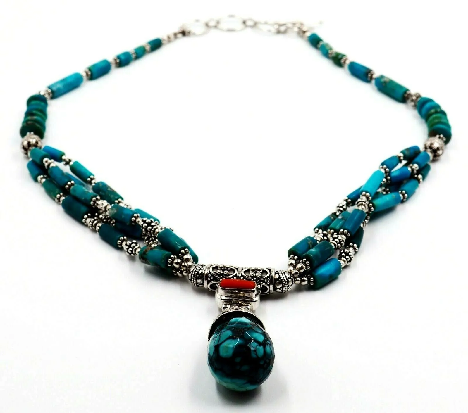 Turquoise & 925 Sterling Silver Necklace - Statement Jewellery - Length: 44cm-49cm