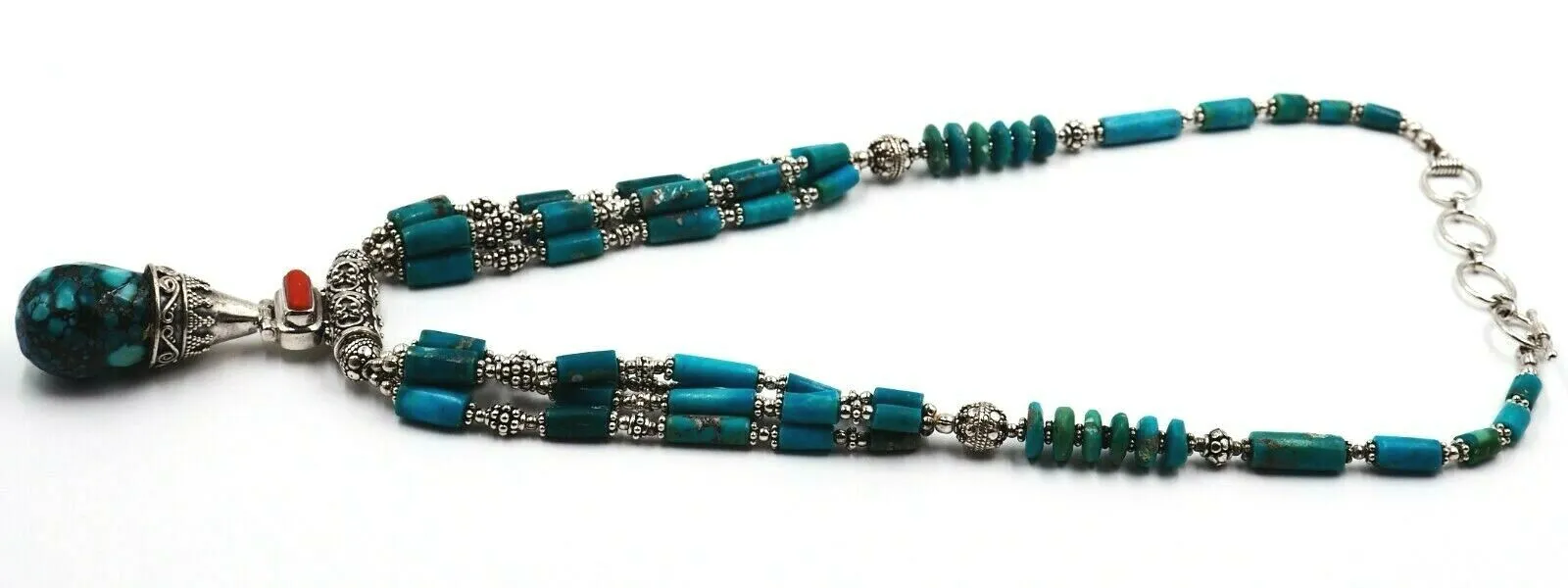 Turquoise & 925 Sterling Silver Necklace - Statement Jewellery - Length: 44cm-49cm