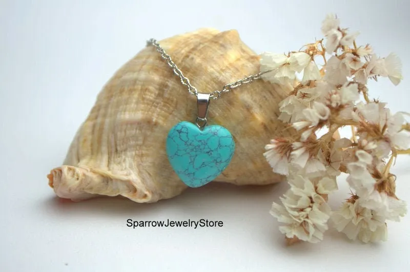 Turquoise howlite heart pendant necklace Gemstone jewelry Blue gemstone howlite dainty necklace Turquoise Valentines Heart Necklace for her