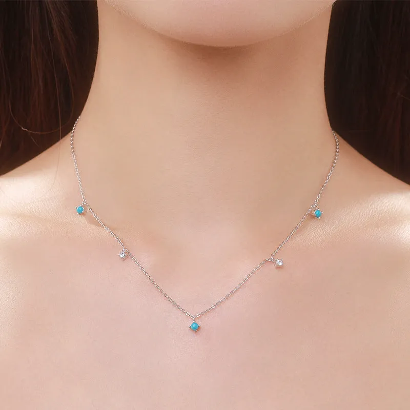 Turquoise Inlaid Sterling Silver Necklace with Simple Japanese and Korean Fashion Design