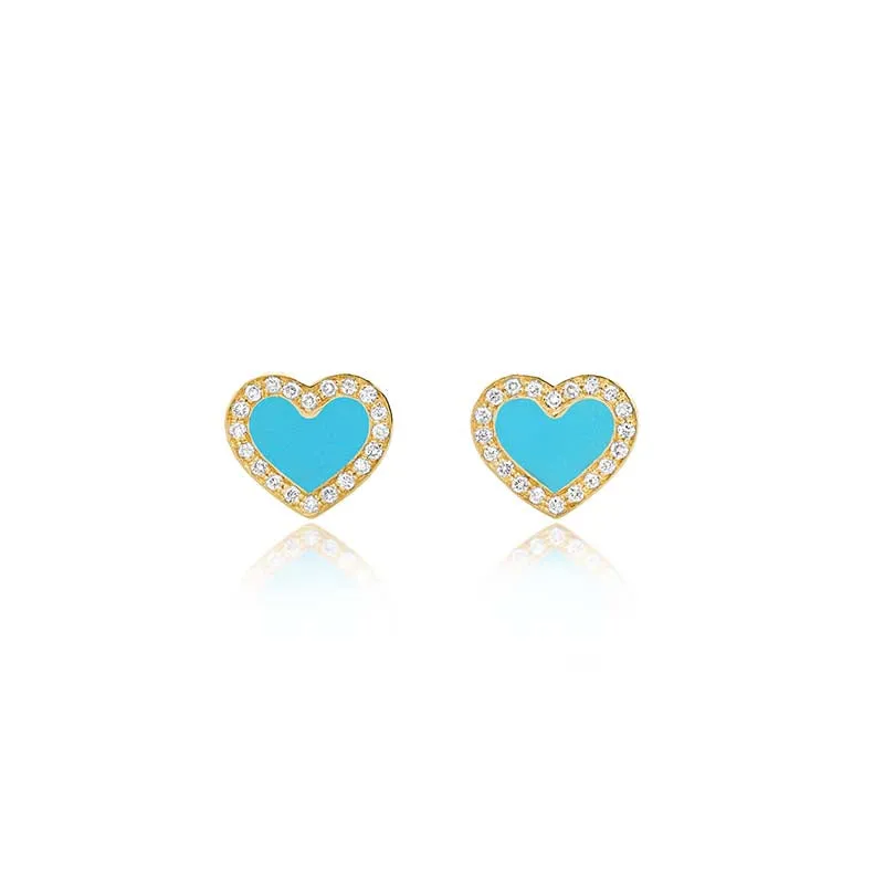 Turquoise Inlay Heart Studs with Diamonds