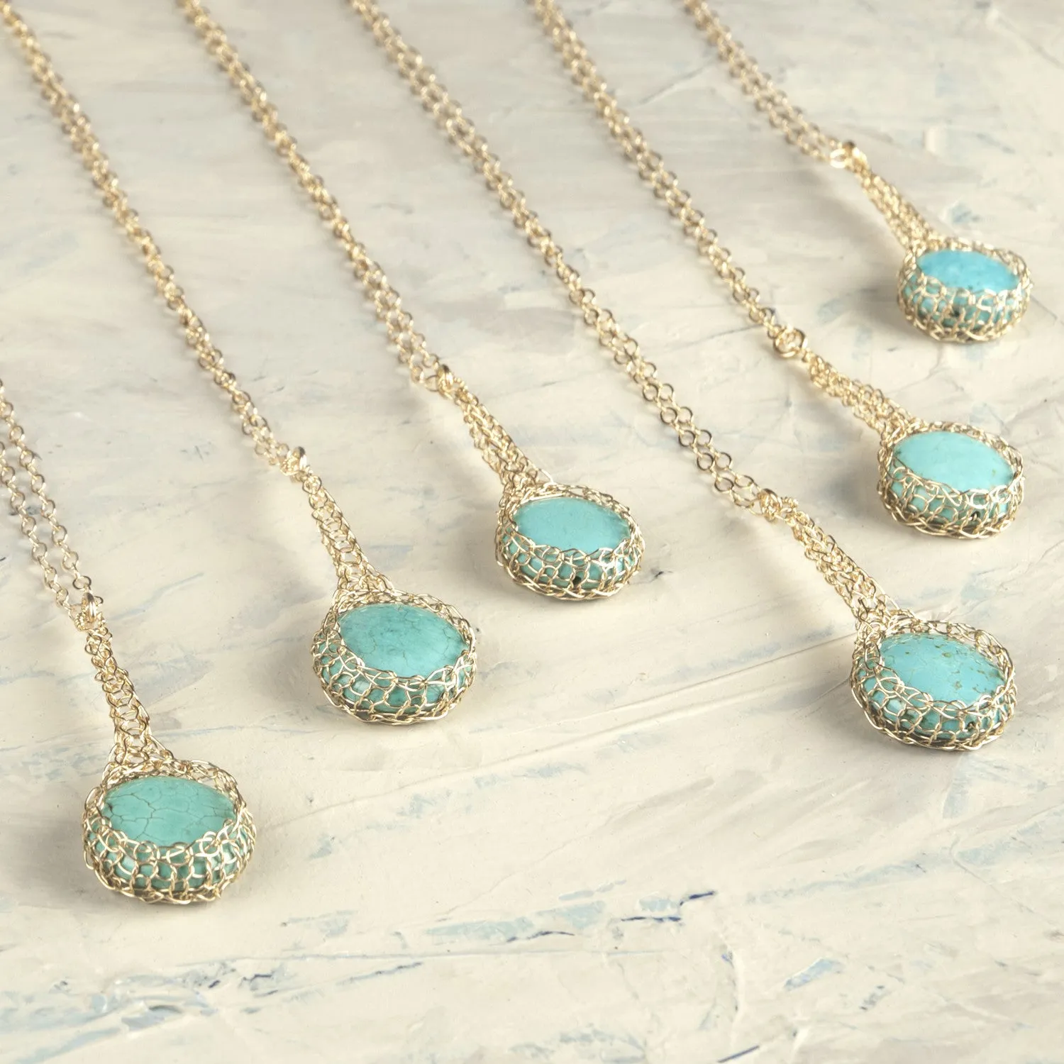 Turquoise pendant necklace , small turquoise coin crocheted in gold