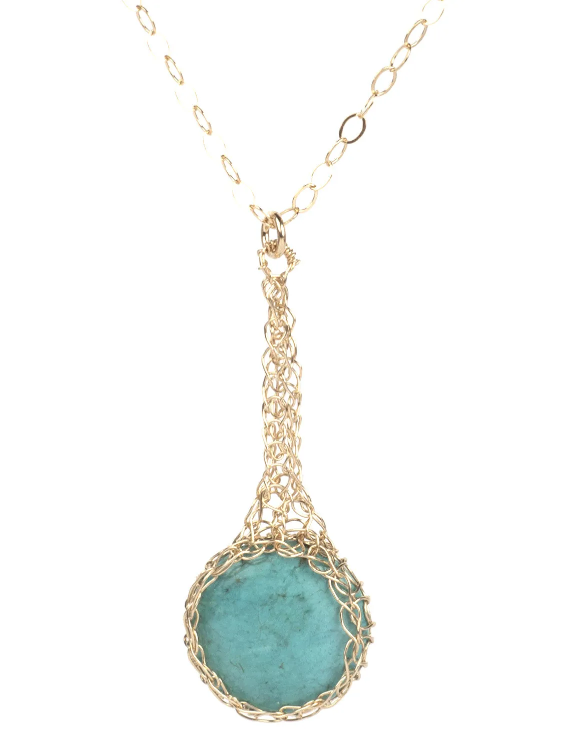 Turquoise pendant necklace , small turquoise coin crocheted in gold