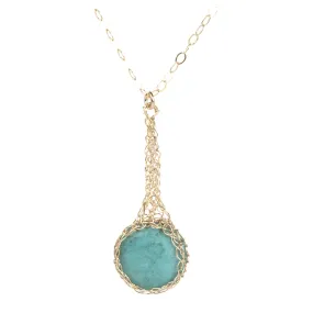 Turquoise pendant necklace , small turquoise coin crocheted in gold