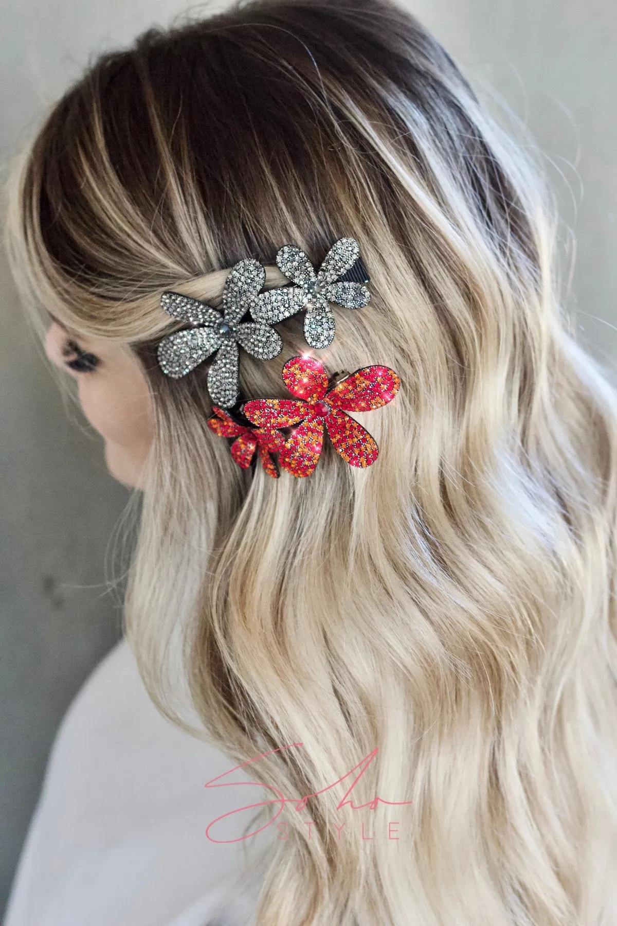 Two Flower crystal barrette