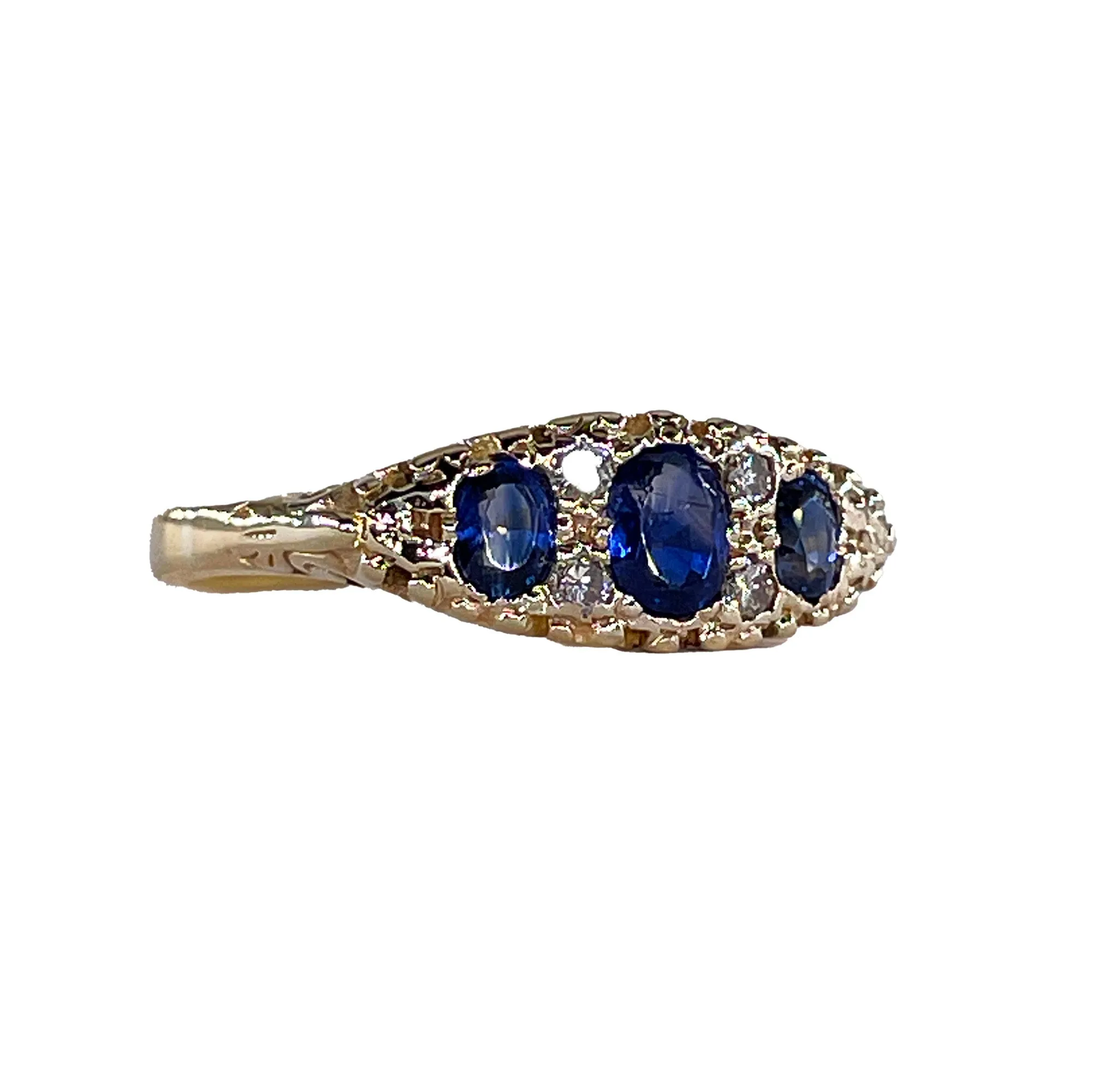 Victorian Revival 1.09ct Vintage GIA Blue Sapphire & Diamond Trilogy 16k Gold Ring