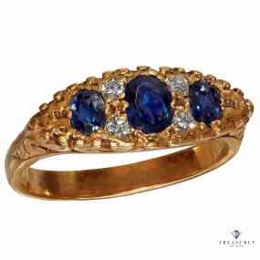 Victorian Revival 1.09ct Vintage GIA Blue Sapphire & Diamond Trilogy 16k Gold Ring