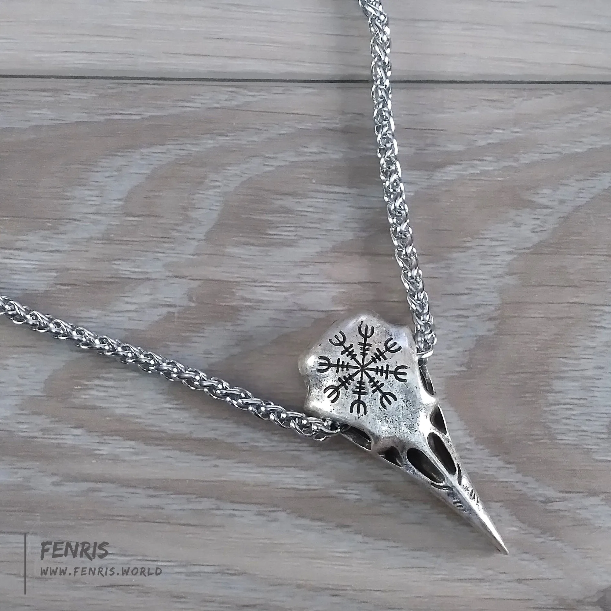 Viking Necklace Silver Raven Helm of Awe Norse Style