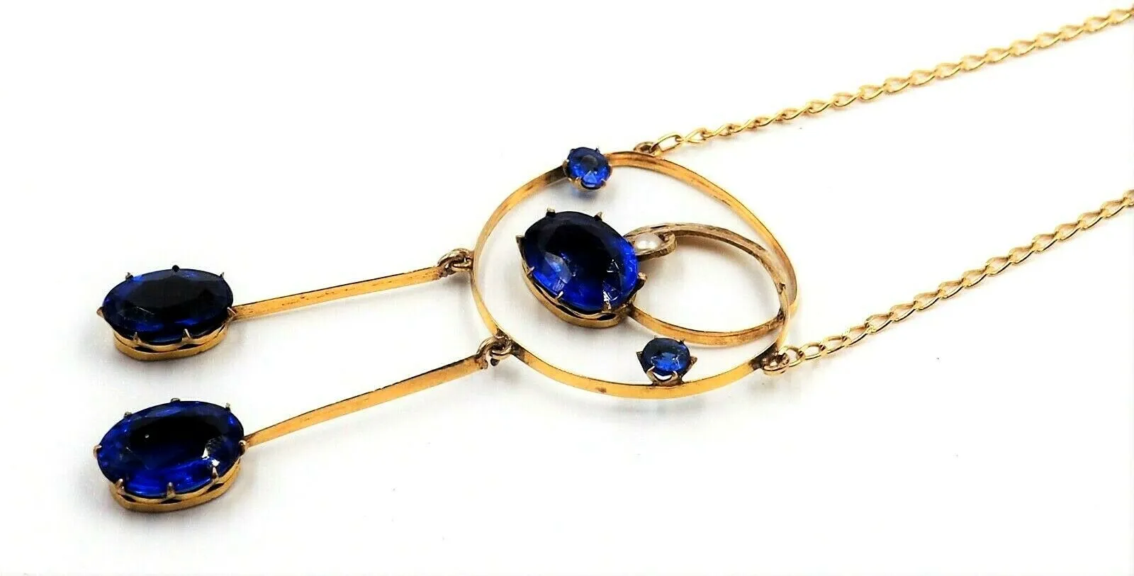 Vintage 9ct Yellow Gold Pearl & Blue Spinel Necklace