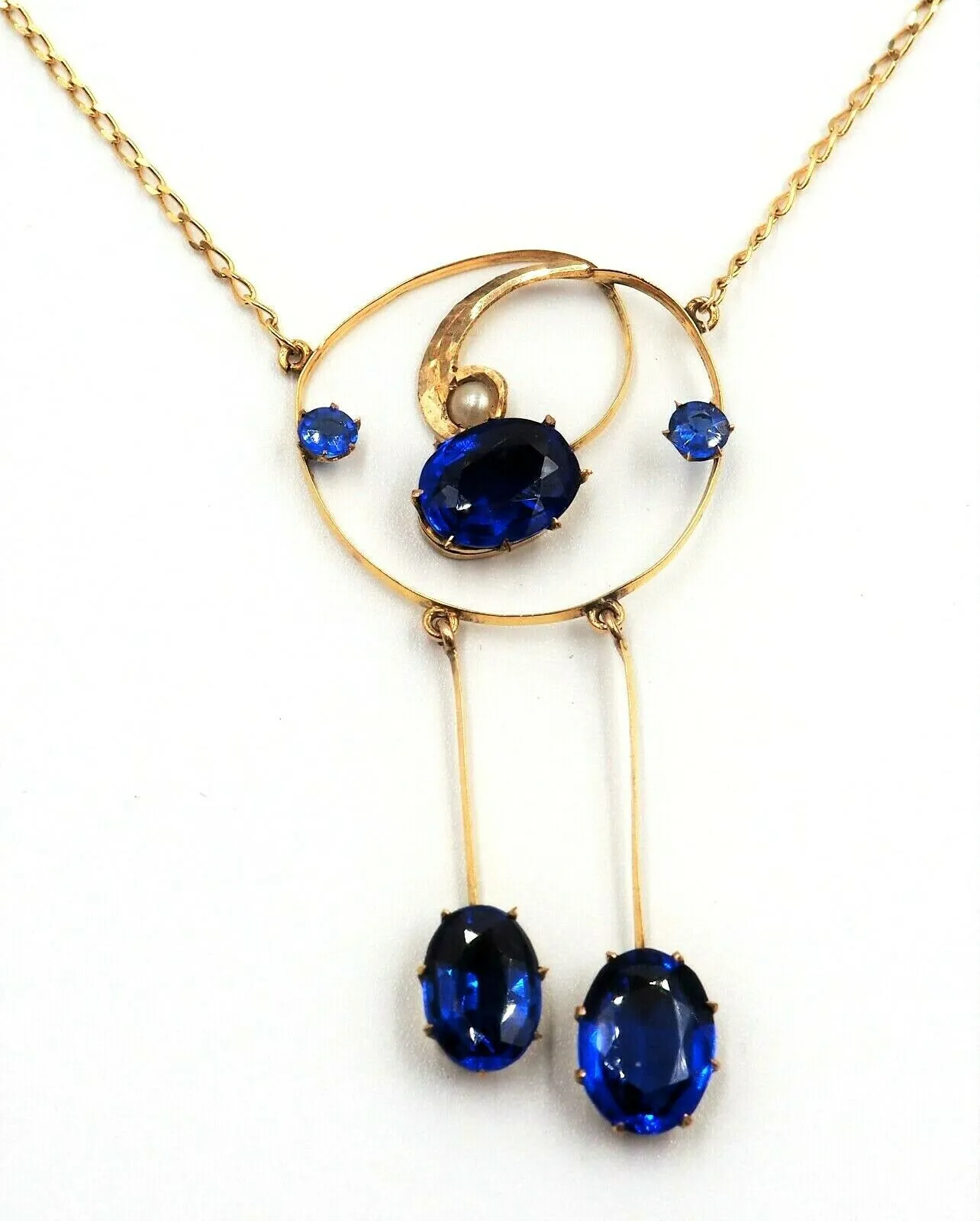 Vintage 9ct Yellow Gold Pearl & Blue Spinel Necklace