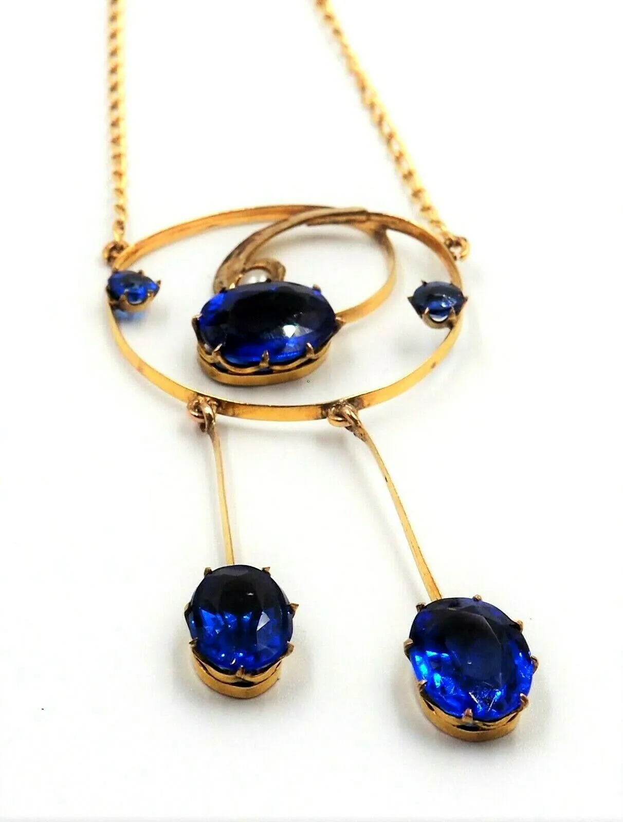 Vintage 9ct Yellow Gold Pearl & Blue Spinel Necklace