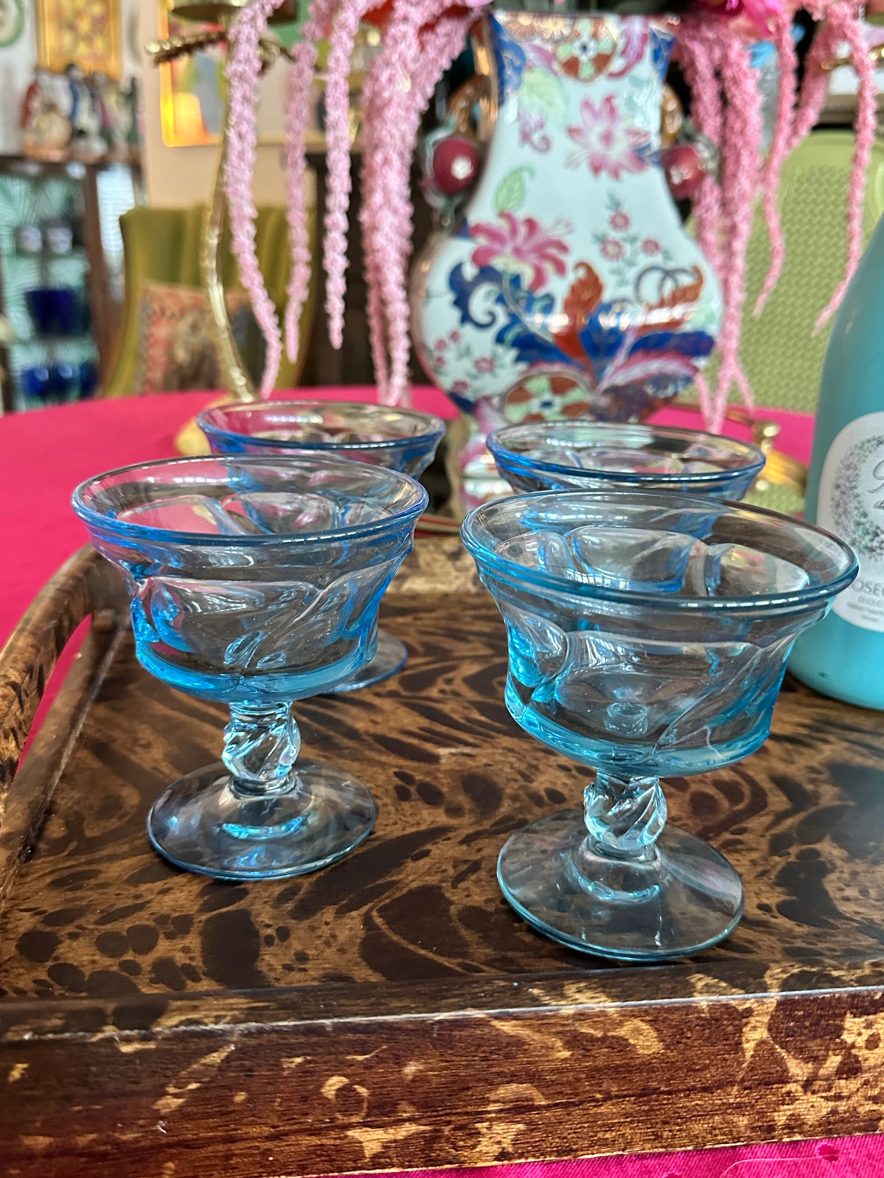 Vintage Champagne, Tall Sherbet Glasses, Fostoria Blue Jamestown Pattern Set of 4