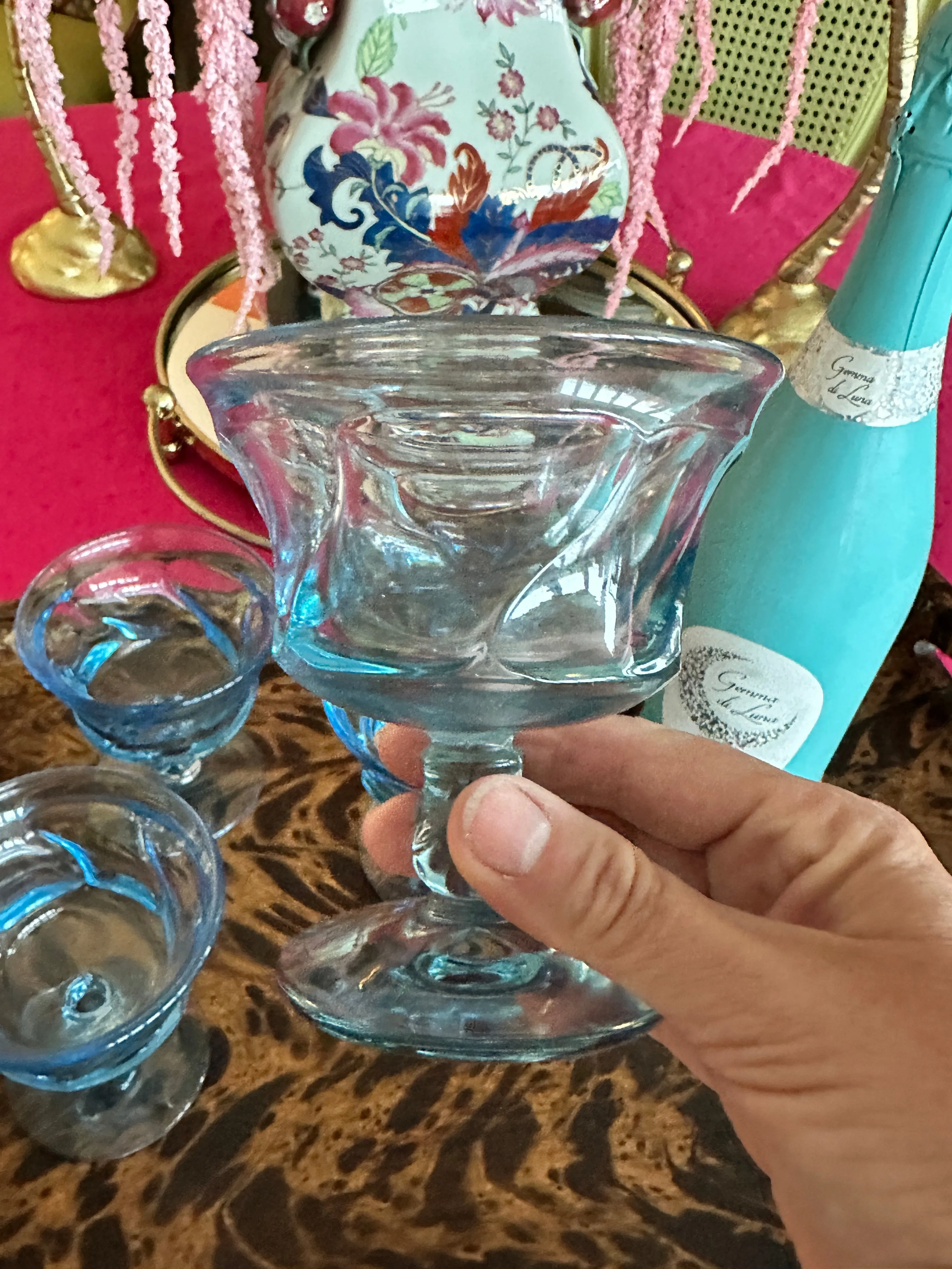 Vintage Champagne, Tall Sherbet Glasses, Fostoria Blue Jamestown Pattern Set of 4