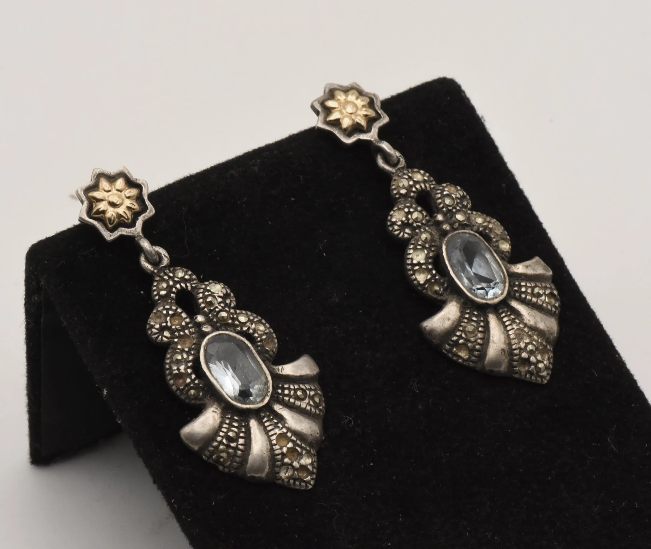 Vintage Sterling Silver Blue Topaz with Gold Accents Dangle Earrings (MISSING POST)