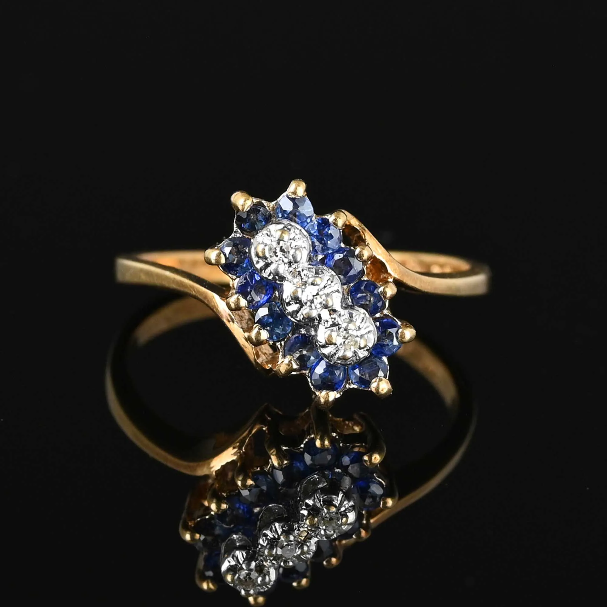 Vintage Three Stone Diamond Sapphire Halo Ring