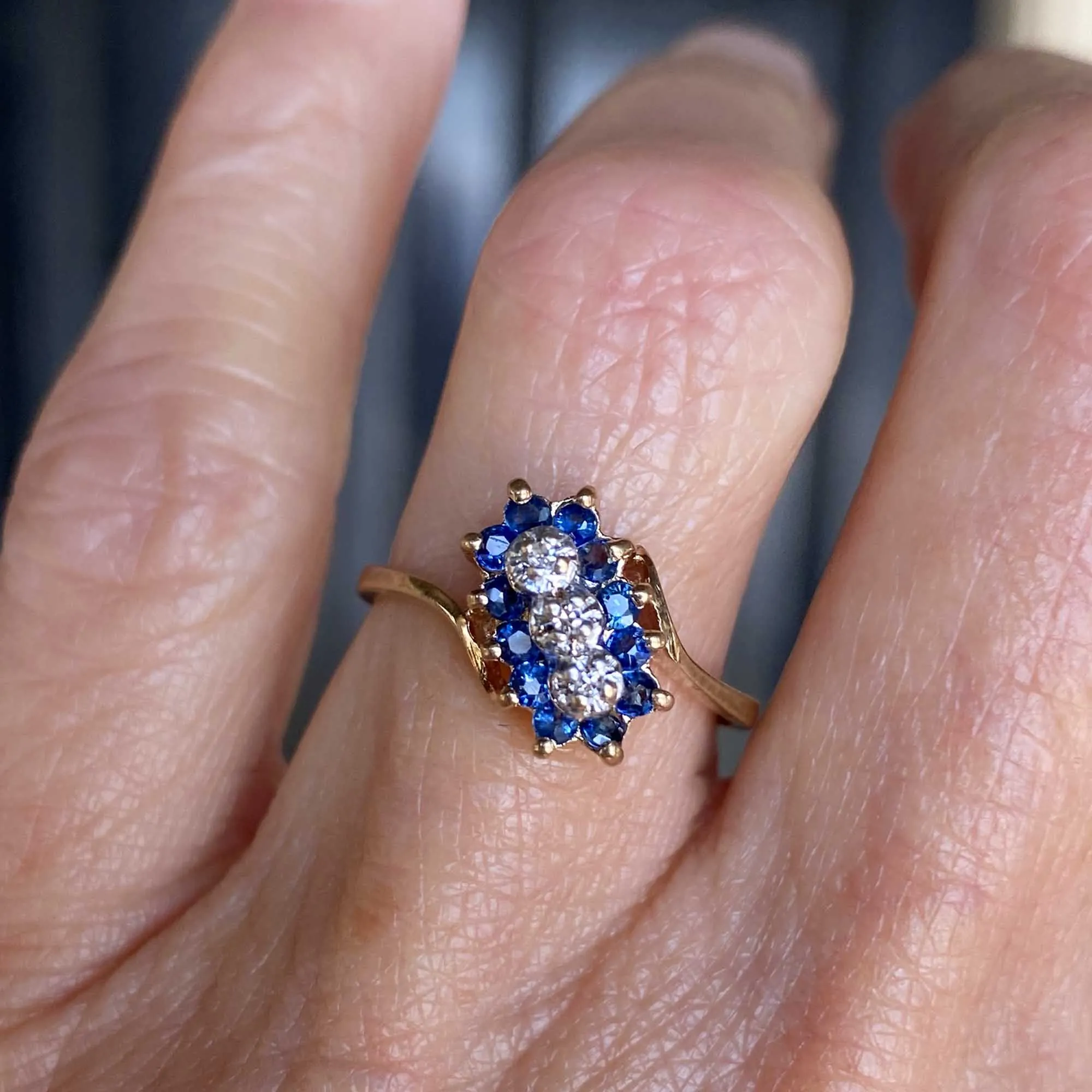 Vintage Three Stone Diamond Sapphire Halo Ring