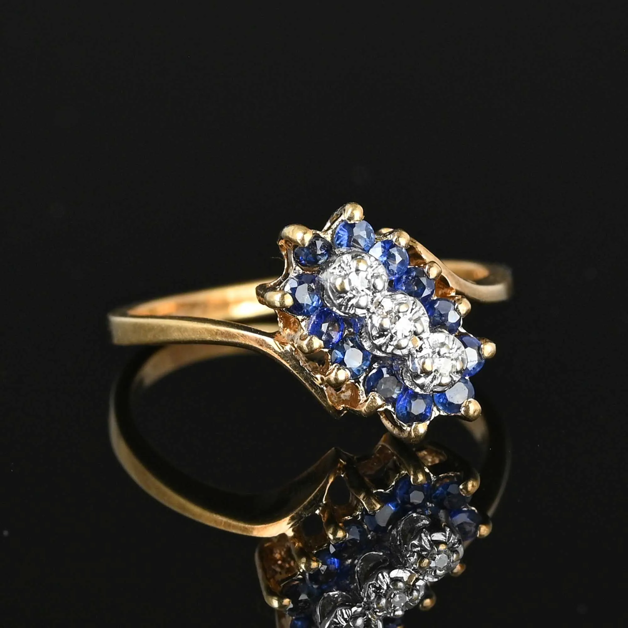 Vintage Three Stone Diamond Sapphire Halo Ring