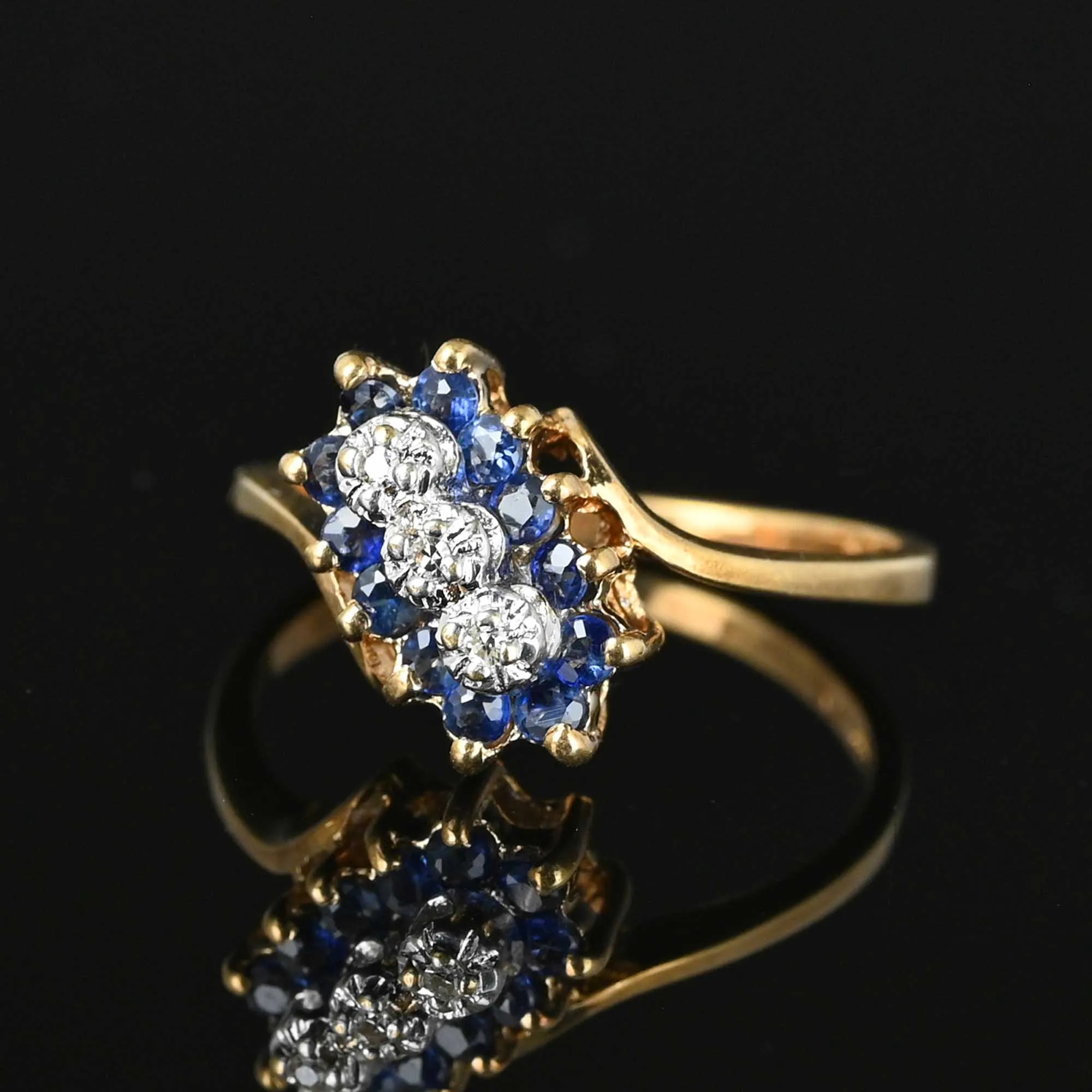 Vintage Three Stone Diamond Sapphire Halo Ring