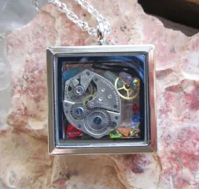 Vintage Watchworks Glass Locket Keepsake Steampunk Pendant Necklace