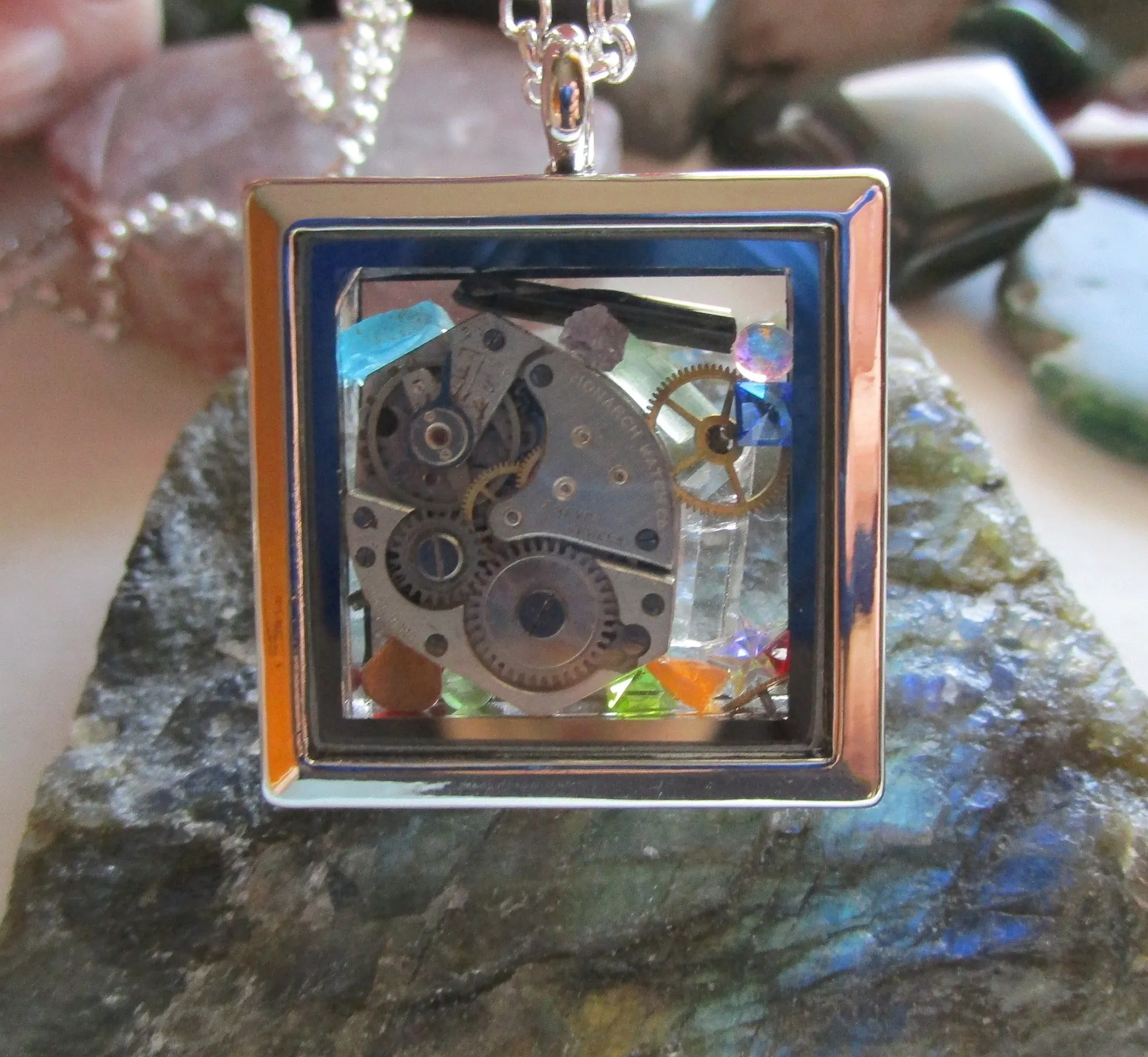 Vintage Watchworks Glass Locket Keepsake Steampunk Pendant Necklace