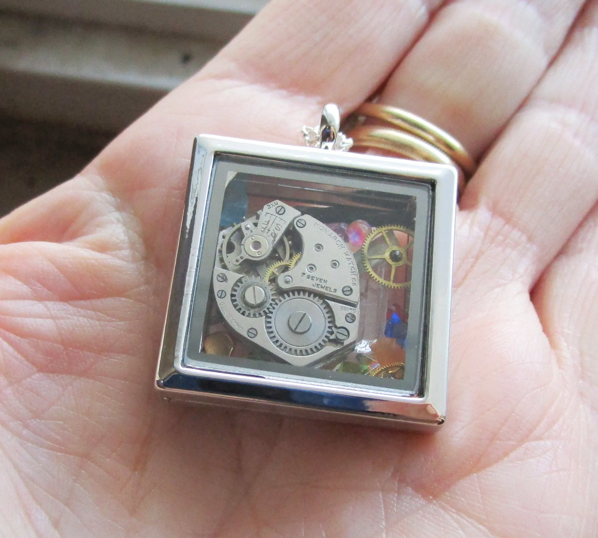 Vintage Watchworks Glass Locket Keepsake Steampunk Pendant Necklace