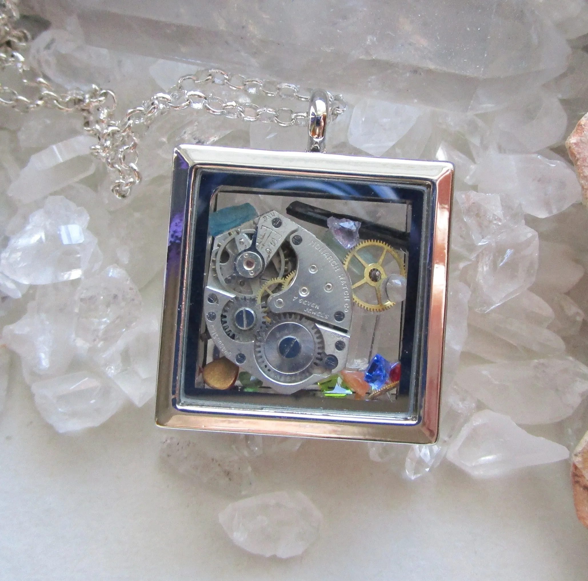 Vintage Watchworks Glass Locket Keepsake Steampunk Pendant Necklace