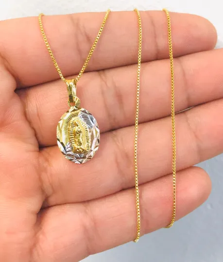 Virgen de Guadalupe Necklace in Gold Filled Guadalupe Charm pendant For Women, Box Link Chain 20” / Cadena de Guadalupe 20x13mm Tres Colores