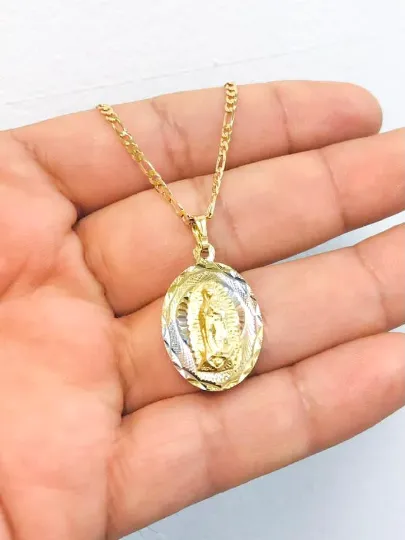 Virgen de Guadalupe Necklace Tri Color Diamond Cut 20x13mm With Figaro Link Chain 20" / 14K Gold Filled Everyday Necklace / Dije de la Guadalupe