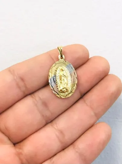 Virgen de Guadalupe Necklace Tri Color Diamond Cut 20x13mm With Figaro Link Chain 20" / 14K Gold Filled Everyday Necklace / Dije de la Guadalupe