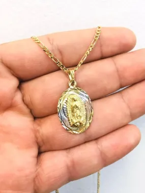 Virgen de Guadalupe Necklace Tri Color Diamond Cut 20x13mm With Figaro Link Chain 20" / 14K Gold Filled Everyday Necklace / Dije de la Guadalupe