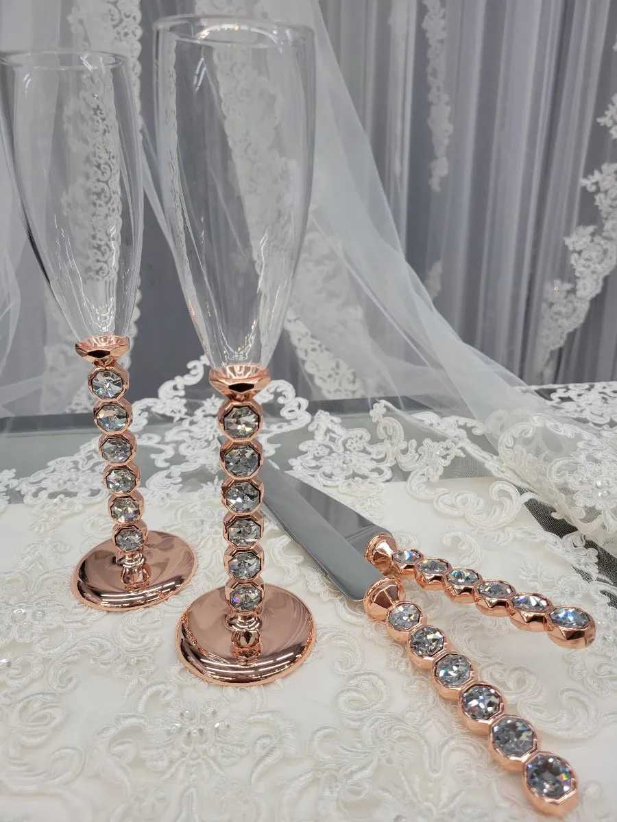 Wedding Champagne Toasting Glasses, Flutes and Cake Cutting Set, Rhinestones Jewels