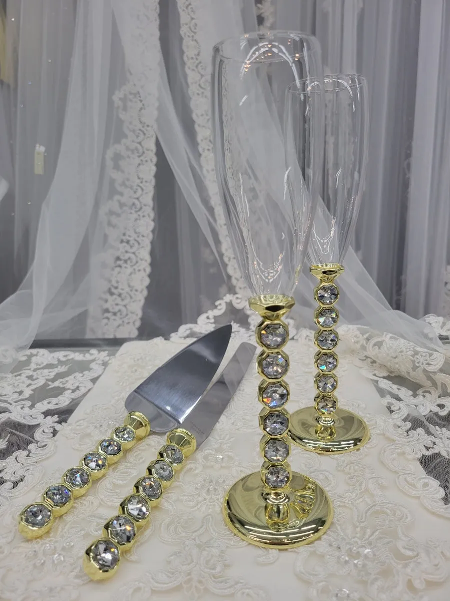 Wedding Champagne Toasting Glasses, Flutes and Cake Cutting Set, Rhinestones Jewels