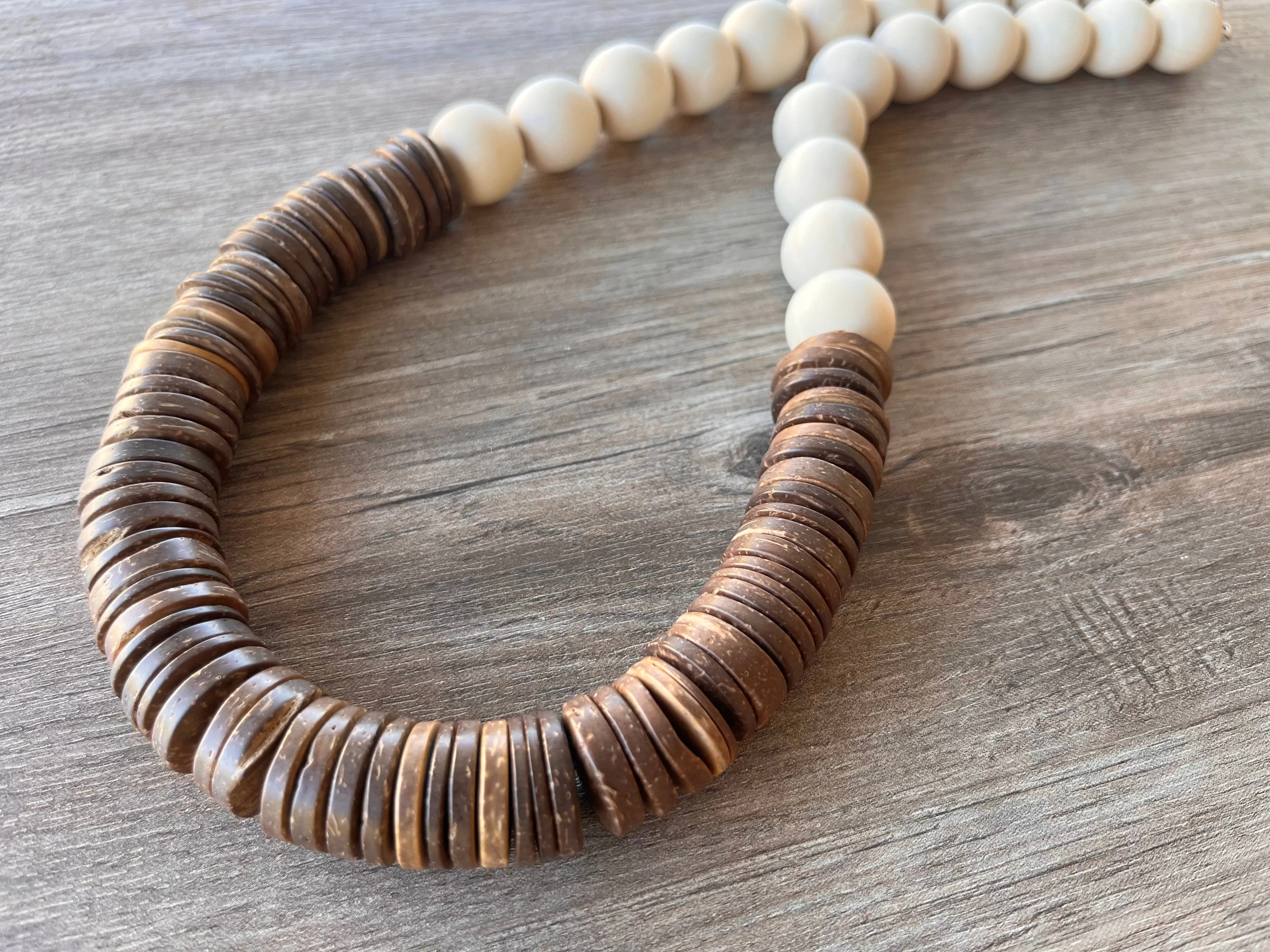 White Brown Chunky Wood Long Boho Beaded Statement Necklace - Elena