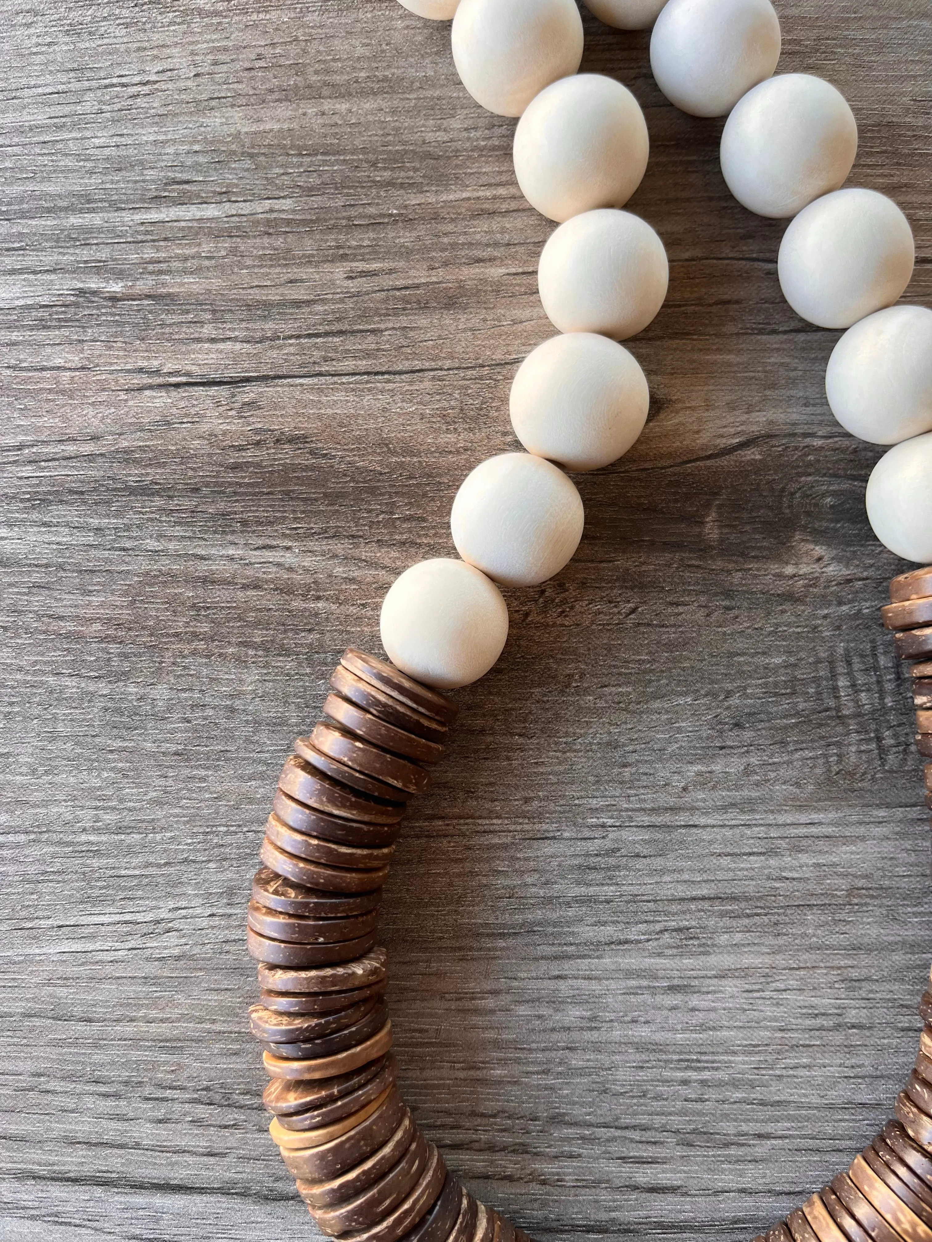 White Brown Chunky Wood Long Boho Beaded Statement Necklace - Elena