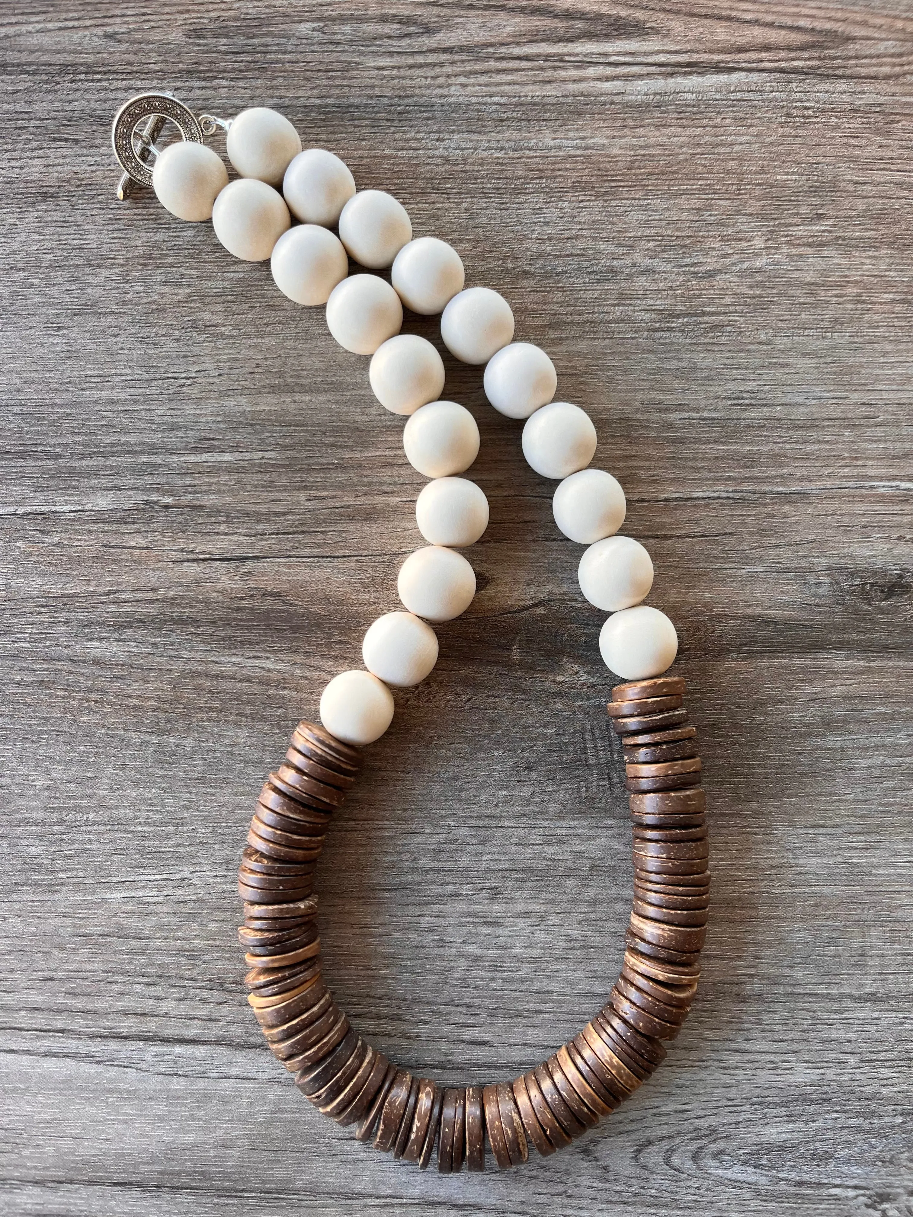 White Brown Chunky Wood Long Boho Beaded Statement Necklace - Elena