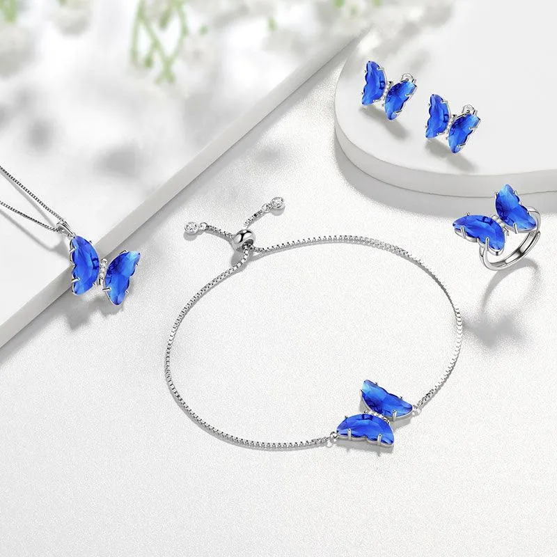 Women Butterfly Jewelry Set 5PCS Birthstone Necklace Earrings Ring Bracelet Girls Jewelry Birthday Gift