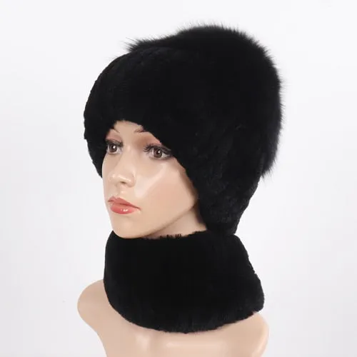 Women Winter Luxury Real Rex Rabbit Fur Hat Scarf 2 Pieces Knitted Rex Rabbit Fur Hat Top Natural Fox Fur Cap Scarves Sets