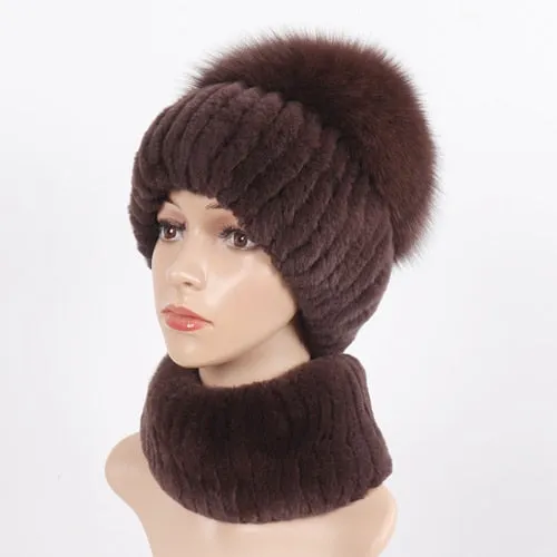 Women Winter Luxury Real Rex Rabbit Fur Hat Scarf 2 Pieces Knitted Rex Rabbit Fur Hat Top Natural Fox Fur Cap Scarves Sets