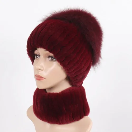 Women Winter Luxury Real Rex Rabbit Fur Hat Scarf 2 Pieces Knitted Rex Rabbit Fur Hat Top Natural Fox Fur Cap Scarves Sets